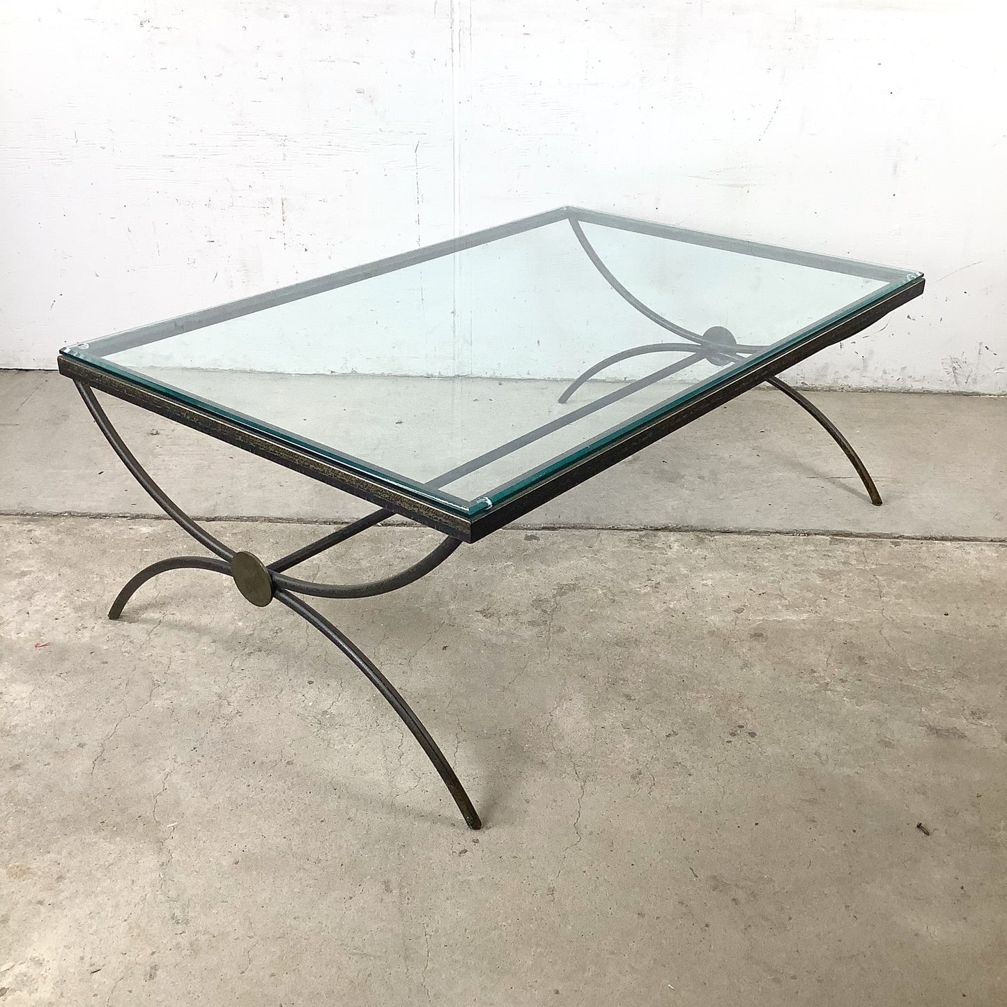 Vintage Modern Glass Coffee Table with Sculptural Wrought Iron Base