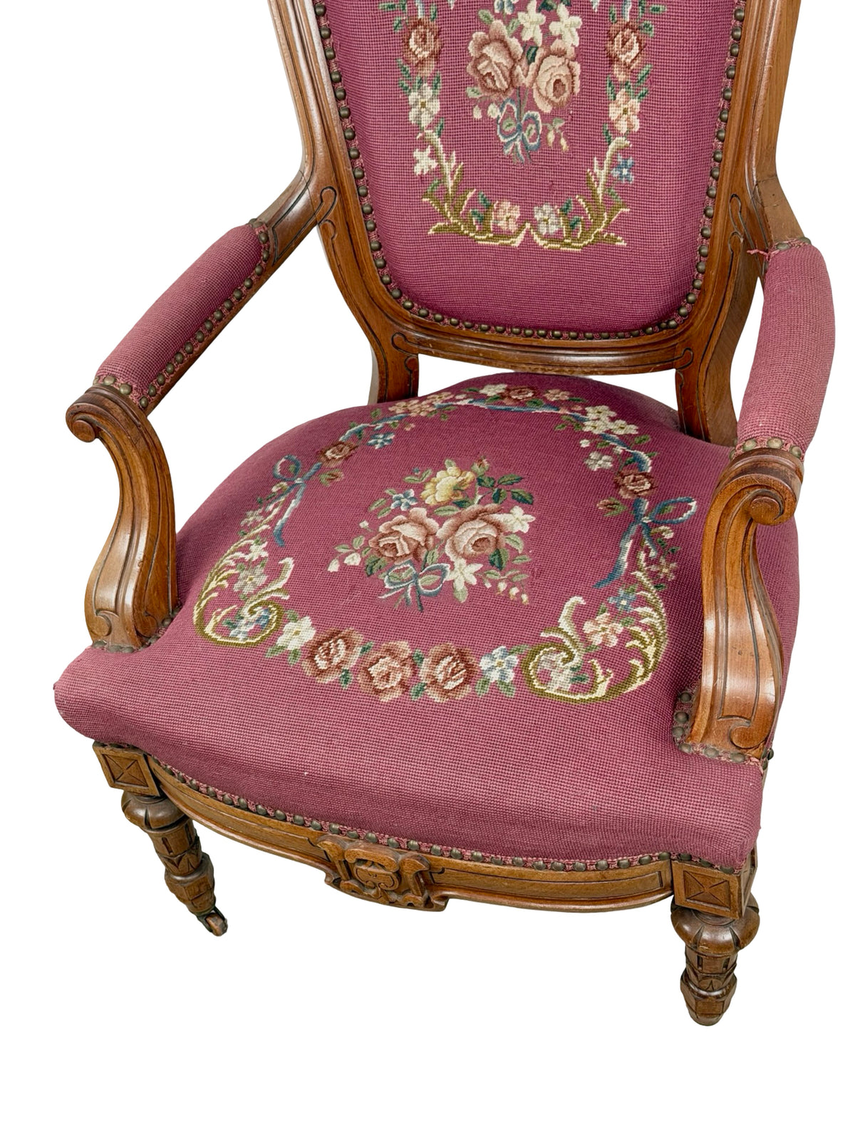 Vintage Renaissance Revival Carved Armchair with Burgundy Floral Upholstery