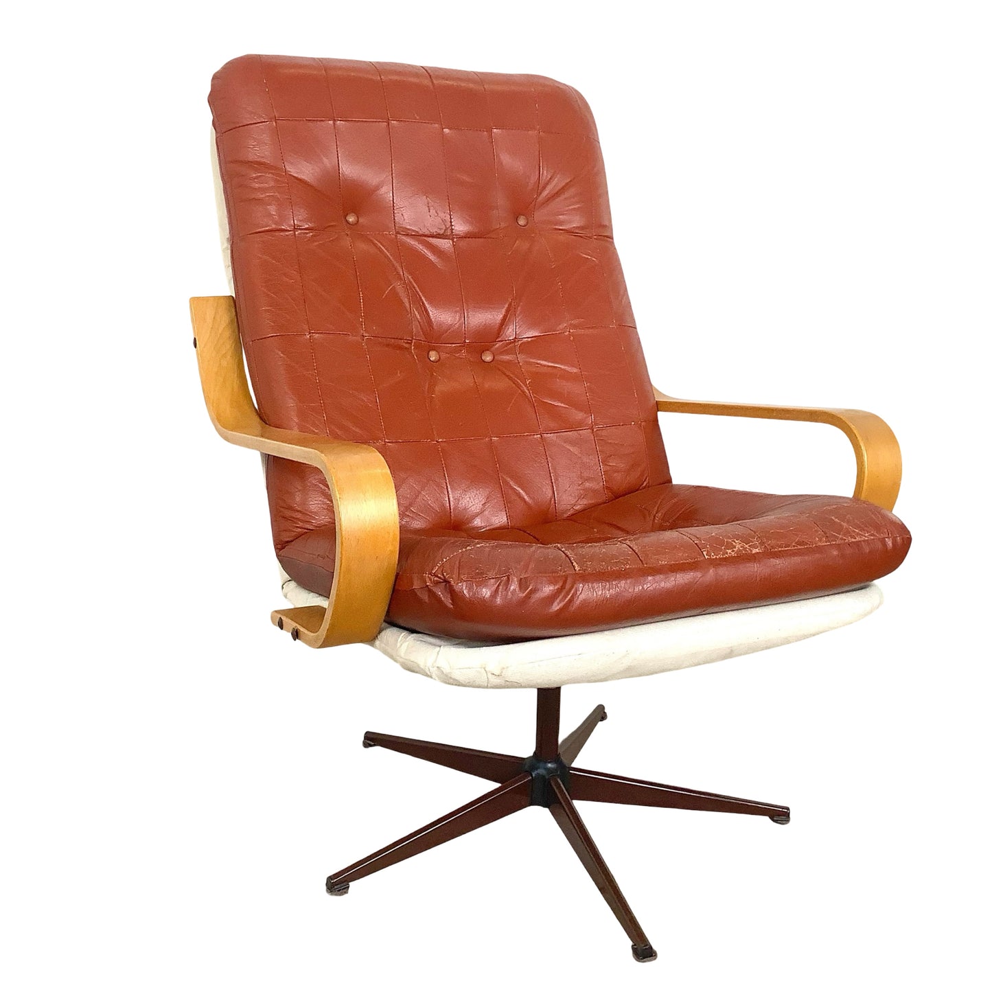 Mid-Century Modern Style Tufted Swivel Lounge Chair - Cognac & Bentwood