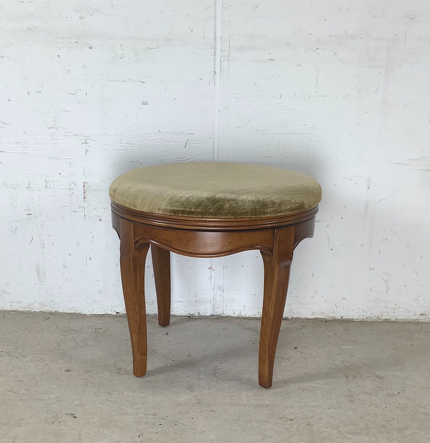 Vintage French Provincial Swivel Stool —Sage Velvet, Cabriole Legs, Mid-Century