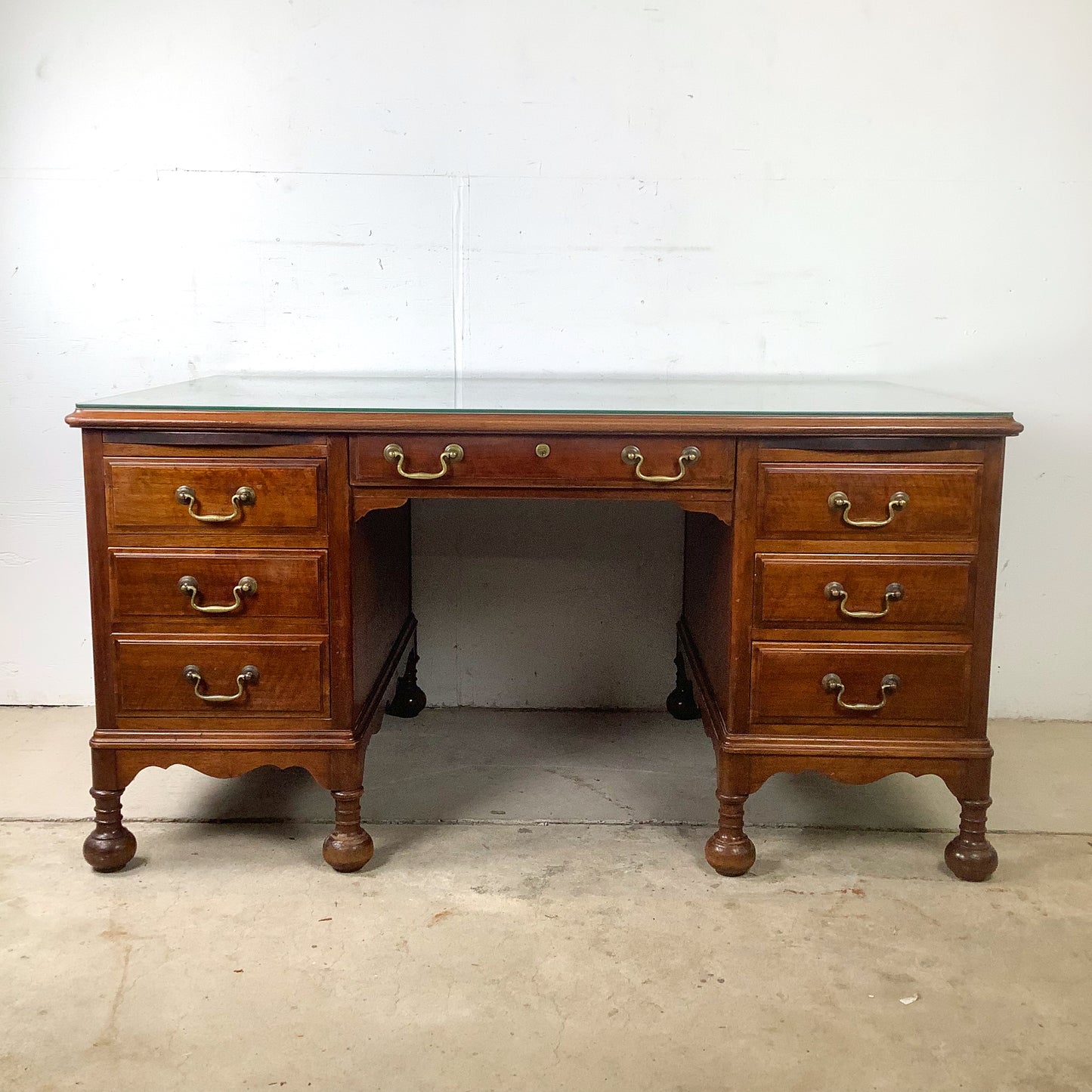 Antique Queen Anne Revival Kneehole Pedestal Desk | Burl Walnut | Brass Bail Pulls | Bun Feet |c. 20th C