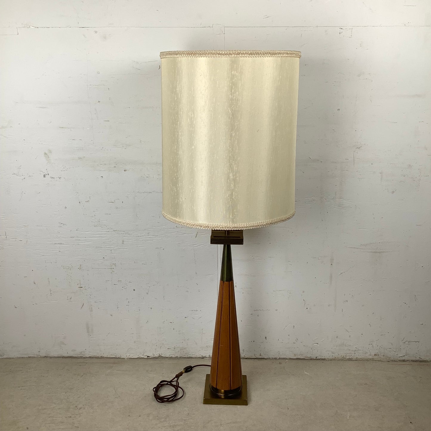 Vintage Mid Century Modern Walnut and Brass Table Lamp with Large Drum Shade