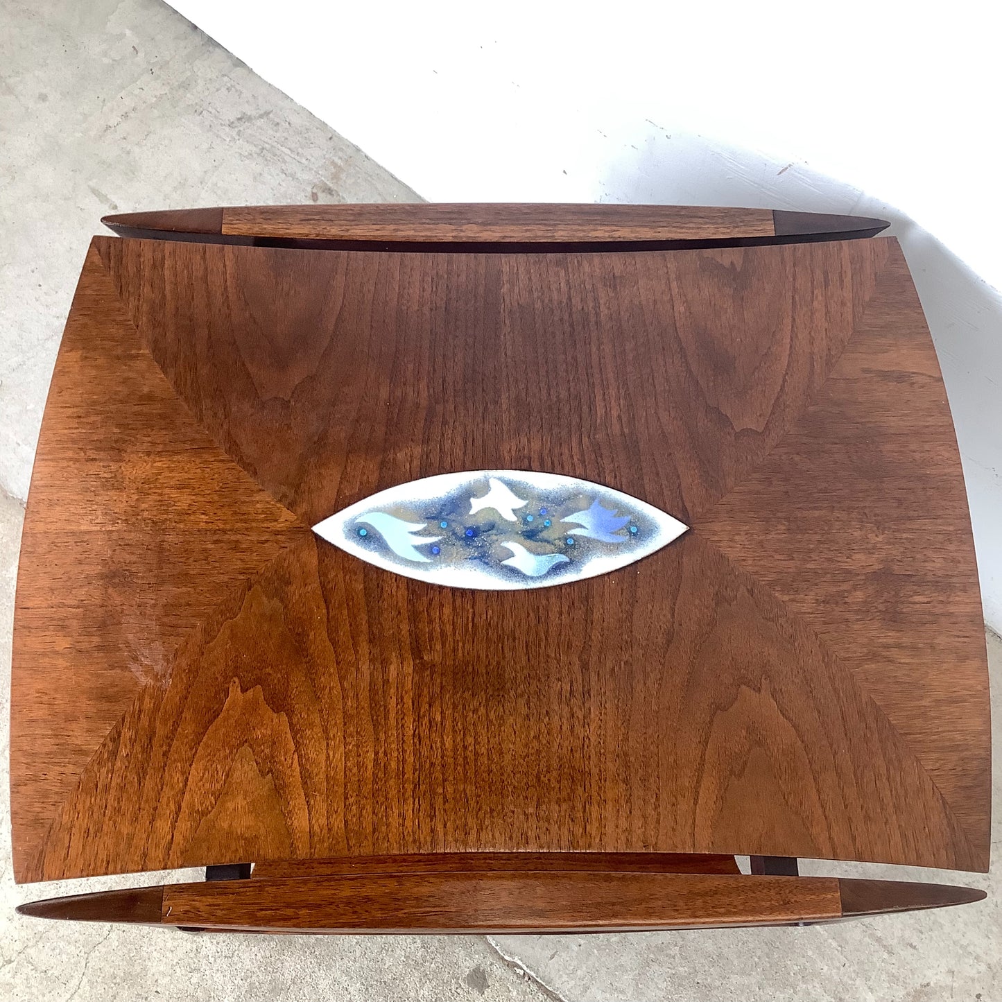 John Stuart Inc. Walnut Two-Tier End Table | Enamel Inlay | Splayed Legs | 1960s