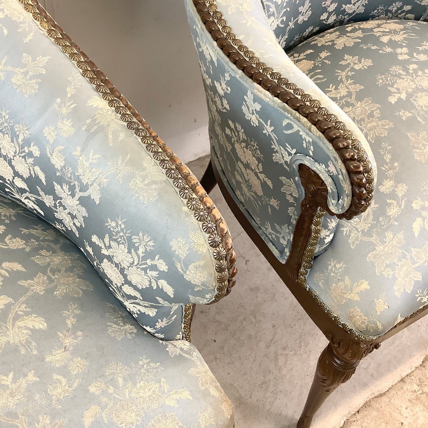 Pair Antique Pale Blue Armchairs, Louis XVI