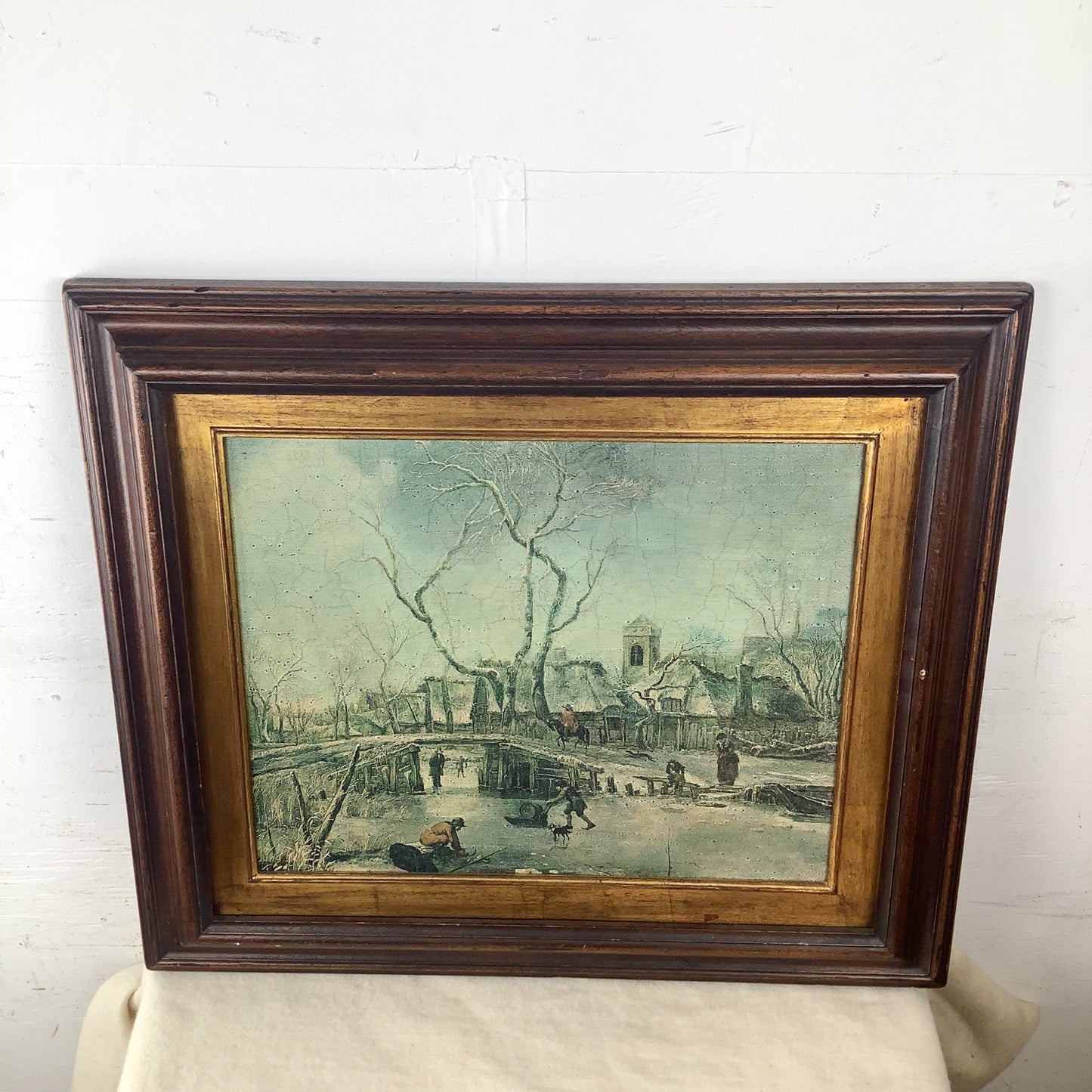 Antique Framed Winter Village Landscape, European Decorative Print