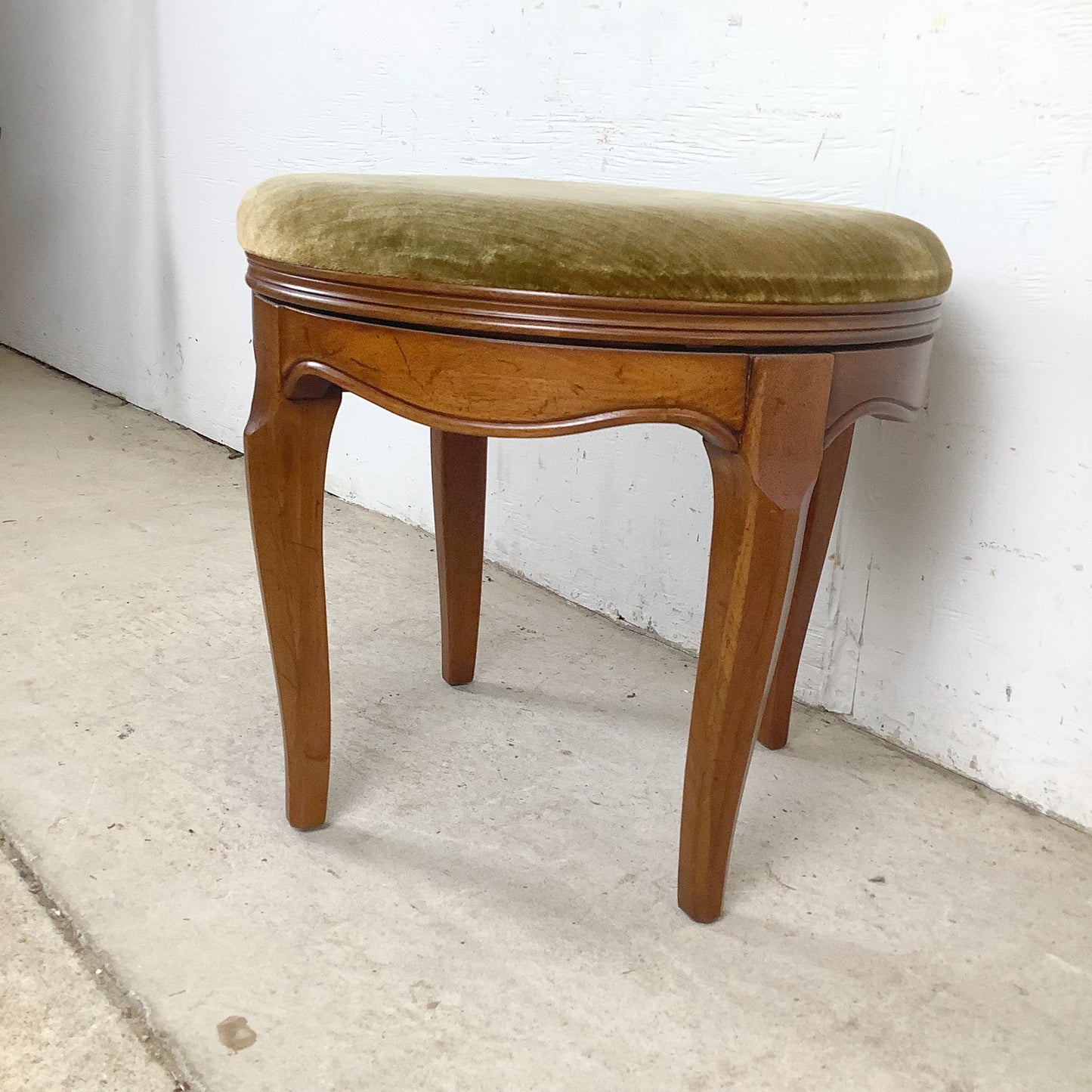 Vintage French Provincial Swivel Stool —Sage Velvet, Cabriole Legs, Mid-Century