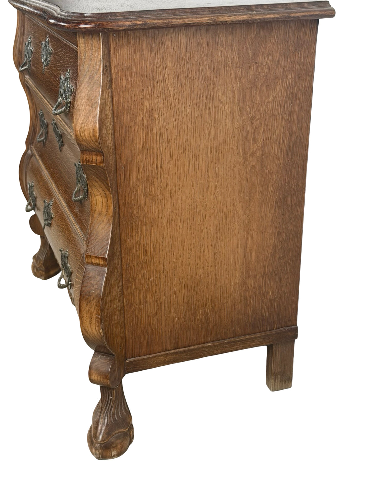 Vintage Dutch Baroque Revival Oak Bombé Three-Drawer Chest with Paw Feet