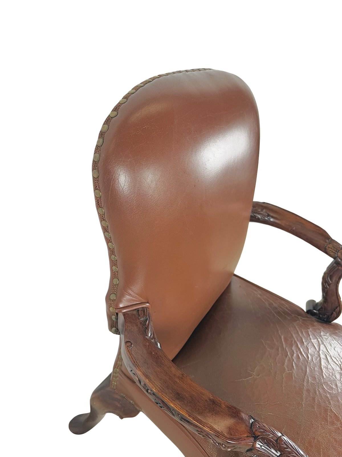 Vintage Maitland-Smith Carved Wood & Brown Leather Armchair