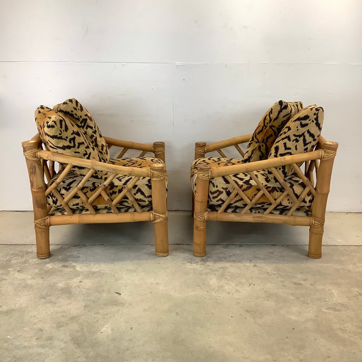 Vintage Bamboo Armchairs & Ottoman in Tiger Print