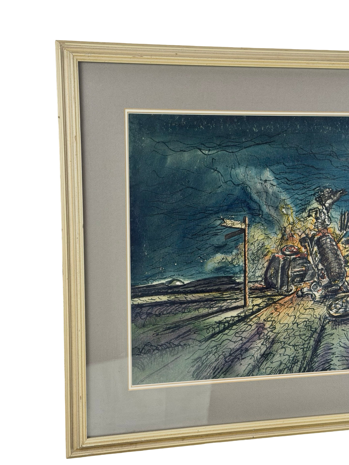 William H. Ferguson Signed Surrealist Carriage Crash Framed Mixed Media Artwork