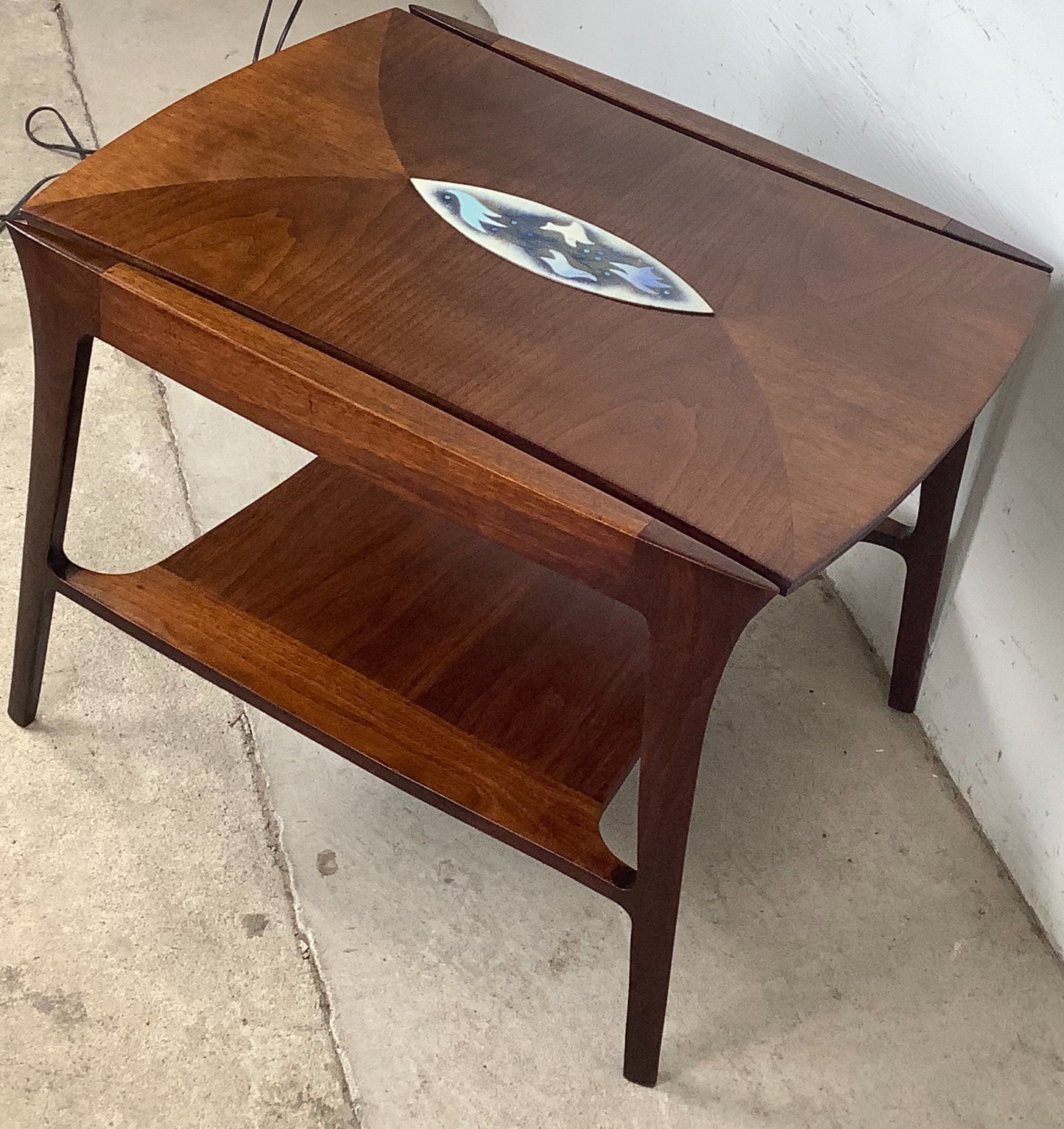 John Stuart Inc. Walnut Two-Tier End Table | Enamel Inlay | Splayed Legs | 1960s