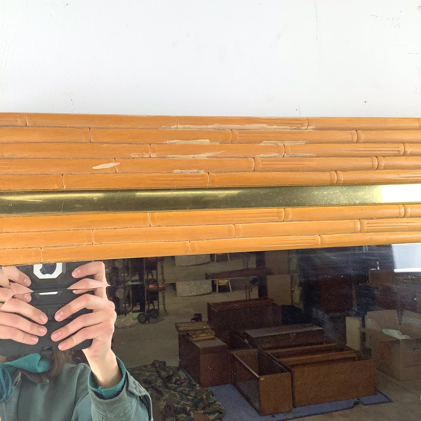 Vintage Modern Boho Octagonal Mirror with Faux Bamboo Wood Frame