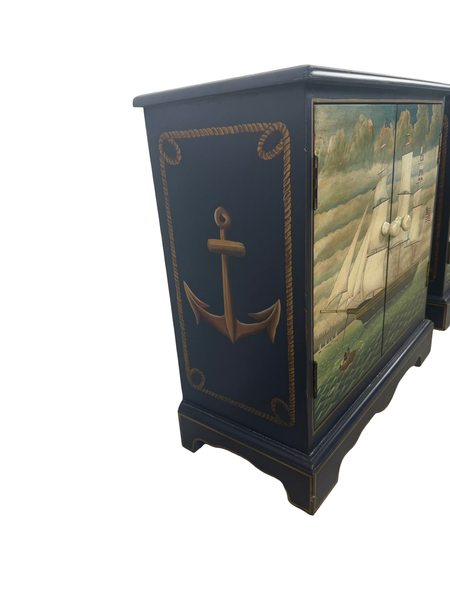 Pair of Hand-Painted Nautical Cabinets — Clipper Ship & Compass Rose Design