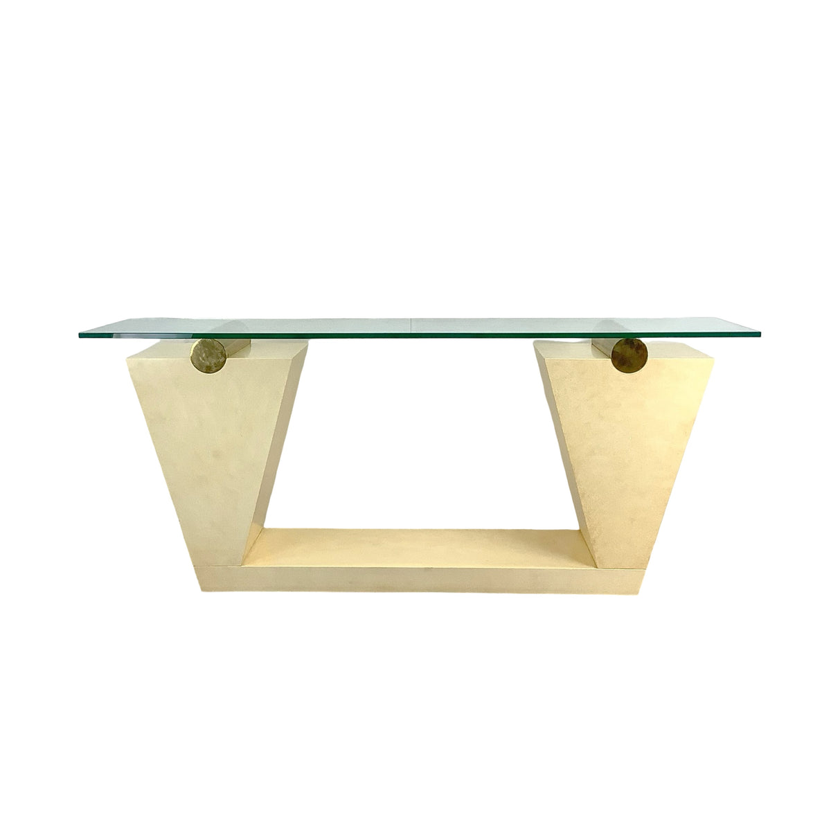 Vintage Modern Parchment-Style Console Table with Glass Top and Brass Accents