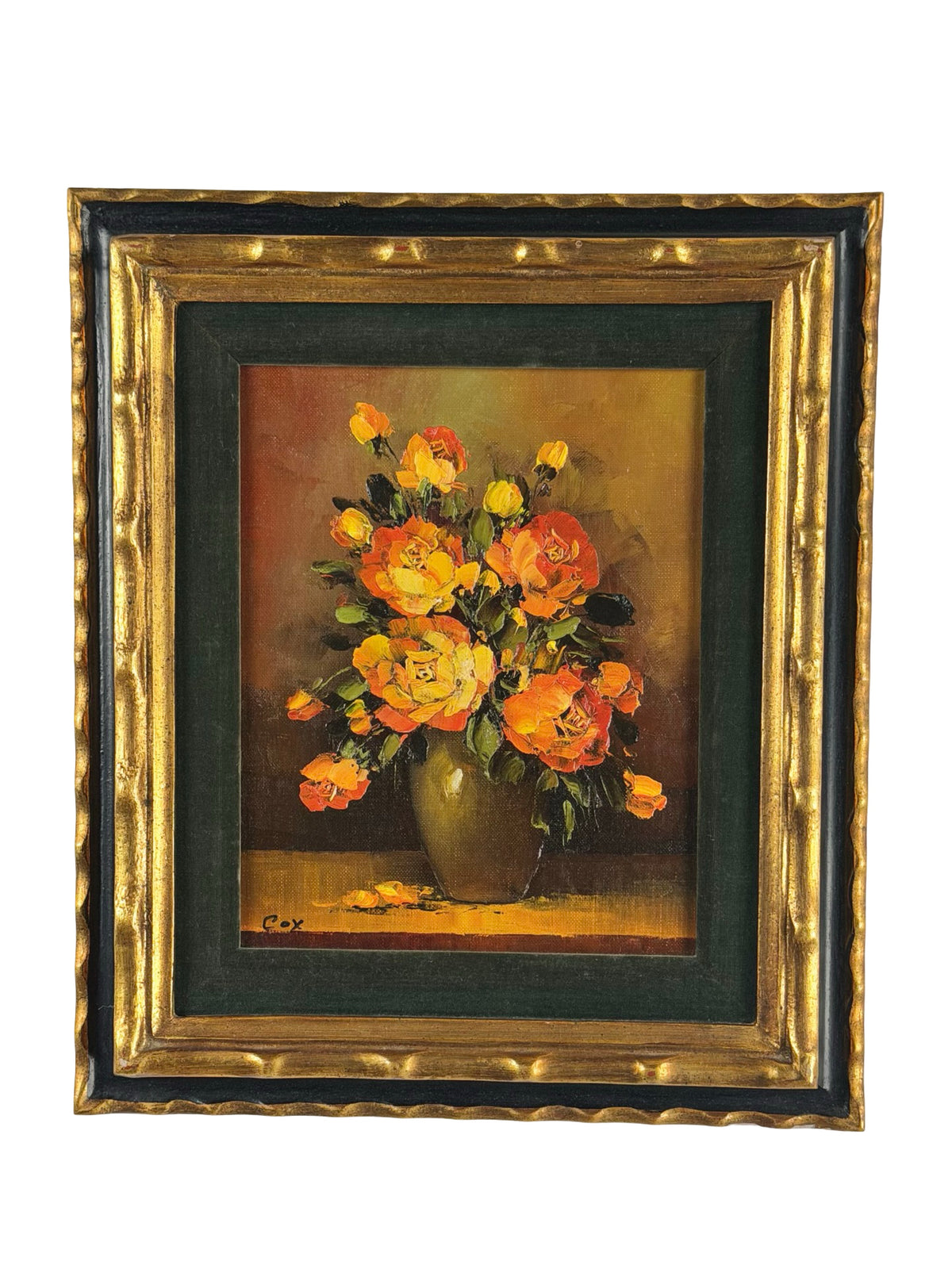 Vintage Signed Cox Floral Rose Painting Gold Tone Frame 13x15
