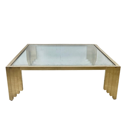 Monumental Vintage Brass & Glass Square Coffee Table — Ziggurat Stepped Legs, 48” x 48”