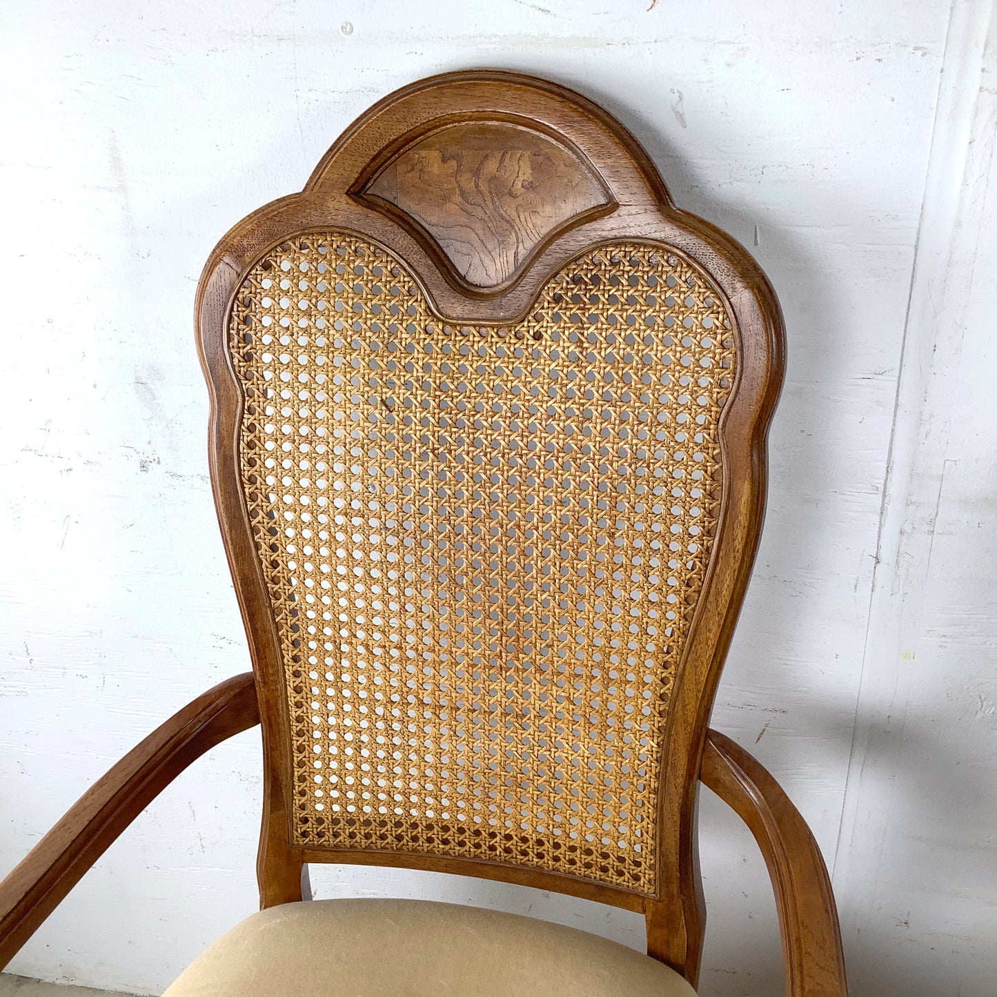 Pair of Vintage Provincial High-Back Cane Armchairs — Walnut, Burlwood Crest, 1970s