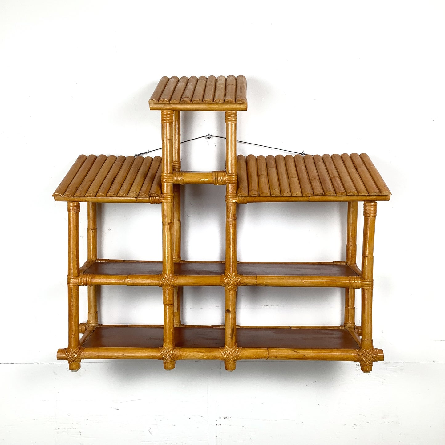 Vintage Bamboo & Rattan Stepped Hanging Wall Shelf | Paul Frankl Skyscraper Style | 1970s Boho Tropical
