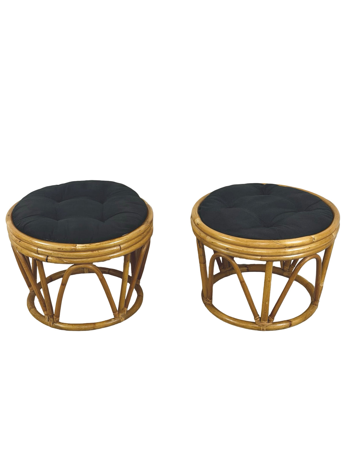 Pair of Vintage Rattan Bamboo Round Ottoman Footstools with Black Cushions, 1970s
