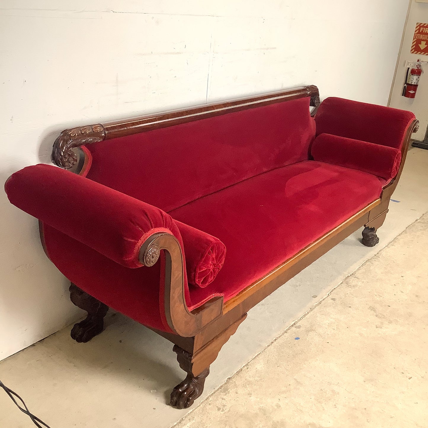 Antique American Empire Revival Mahogany Settee | Scroll Arms Sofa| Carved Paw Feet | Crimson Velvet