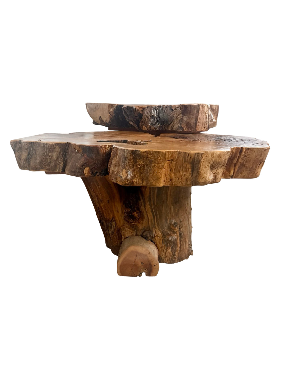 Vintage Two-Tier Live Edge Wood Coffee Table with Sculptural Trunk Base
