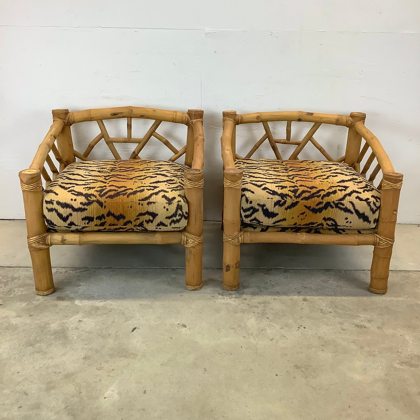 Vintage Bamboo Armchairs & Ottoman in Tiger Print