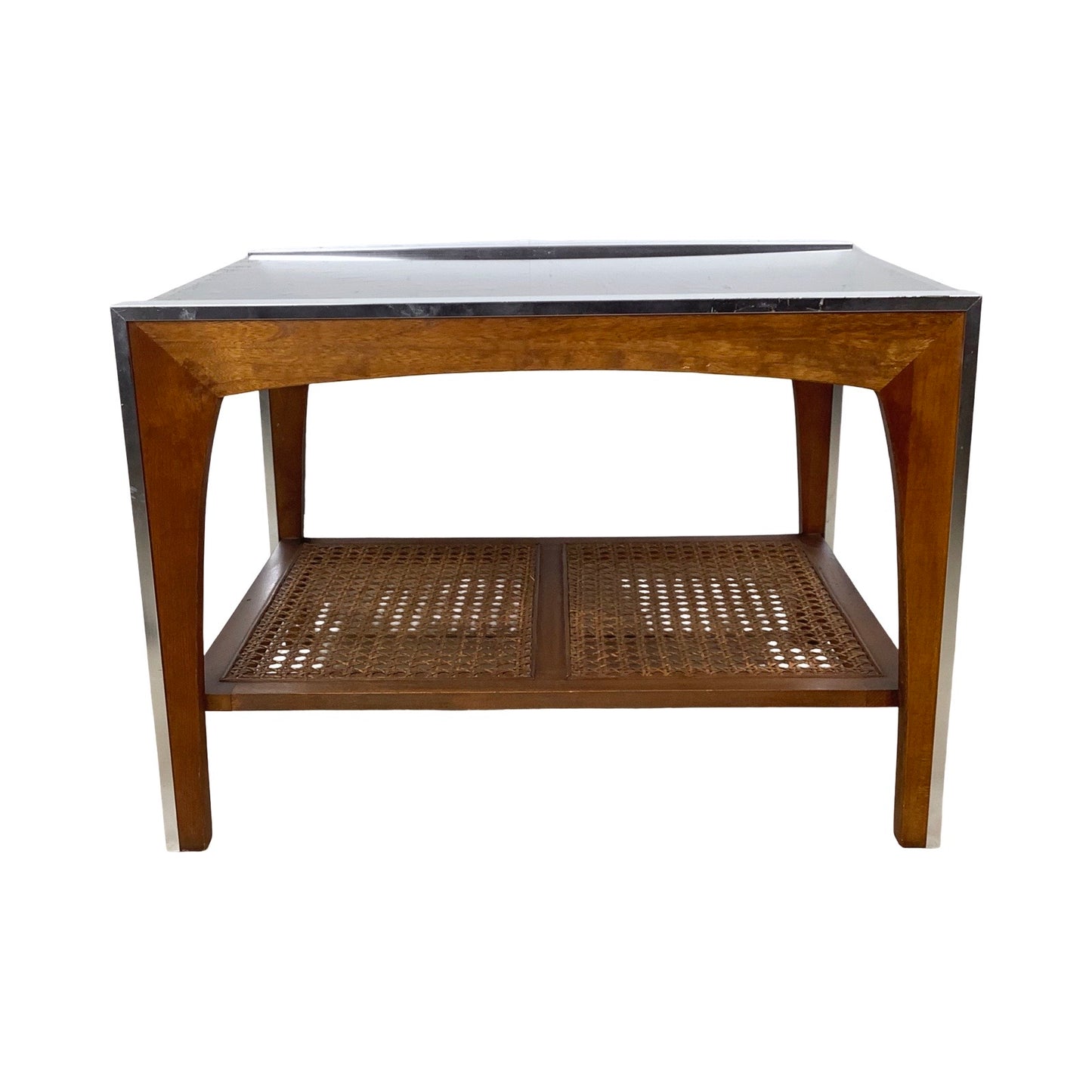 Lane Mid-Century End Table with Smoked Glass, Cane, and Wood Frame