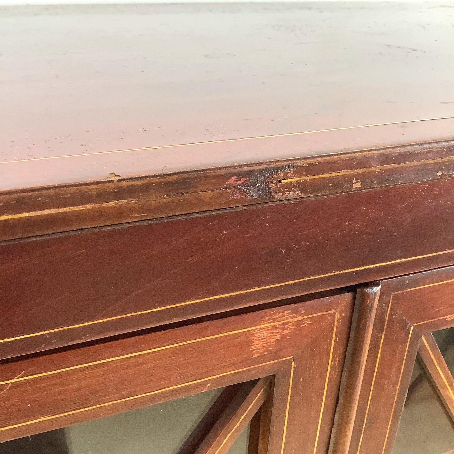 Edwardian Revival Mahogany Diamond Lattice Glazed Bookcase | Satinwood Inlay | Brass Casters