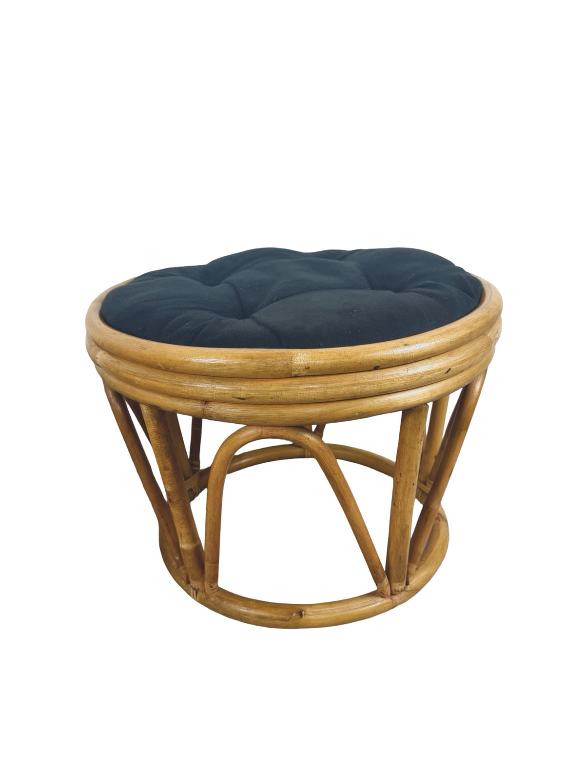 Pair of Vintage Rattan Bamboo Round Ottoman Footstools with Black Cushions, 1970s