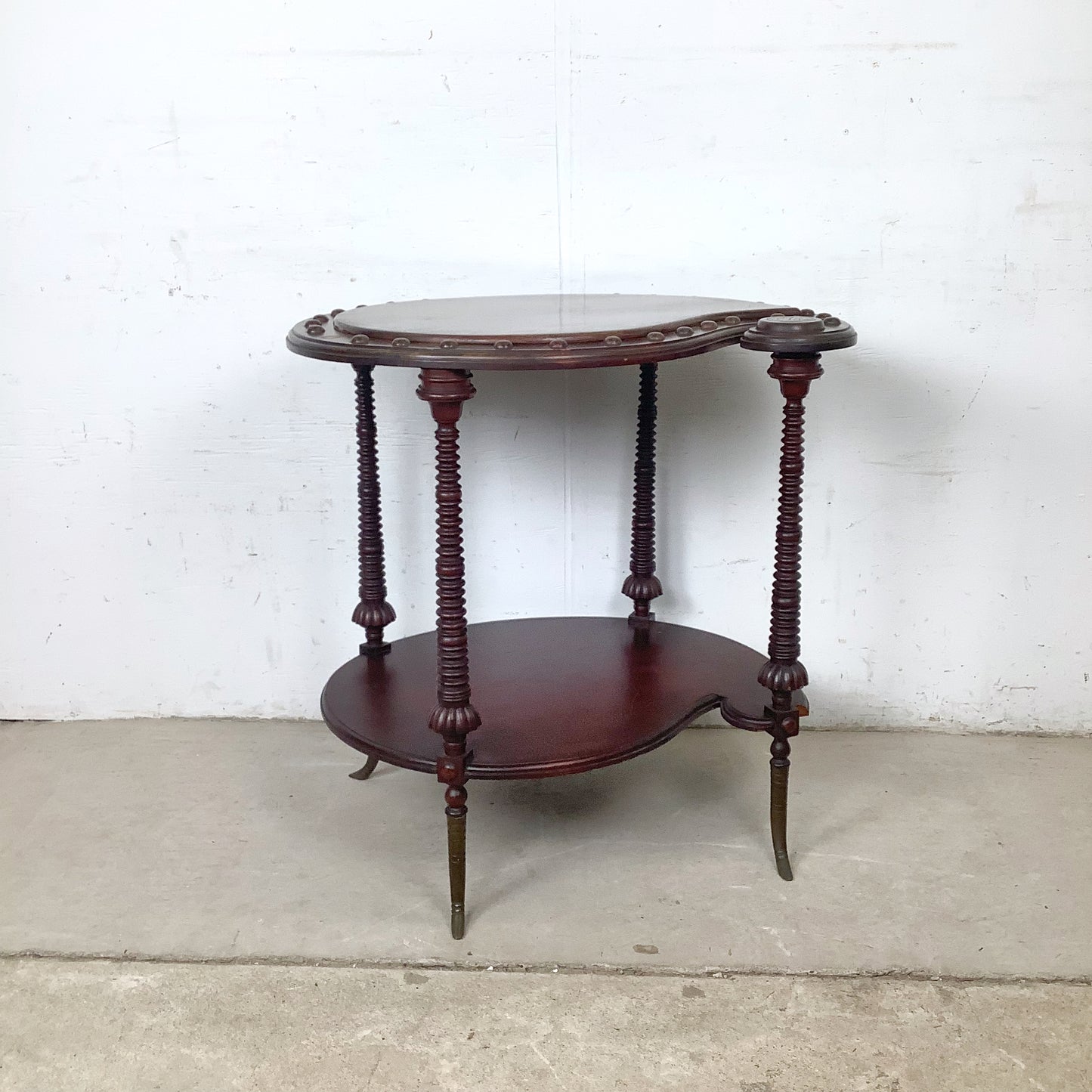 Antique Mahogany Two-Tier Kidney Table | Bobbin Turning | Brass Sabre Feet