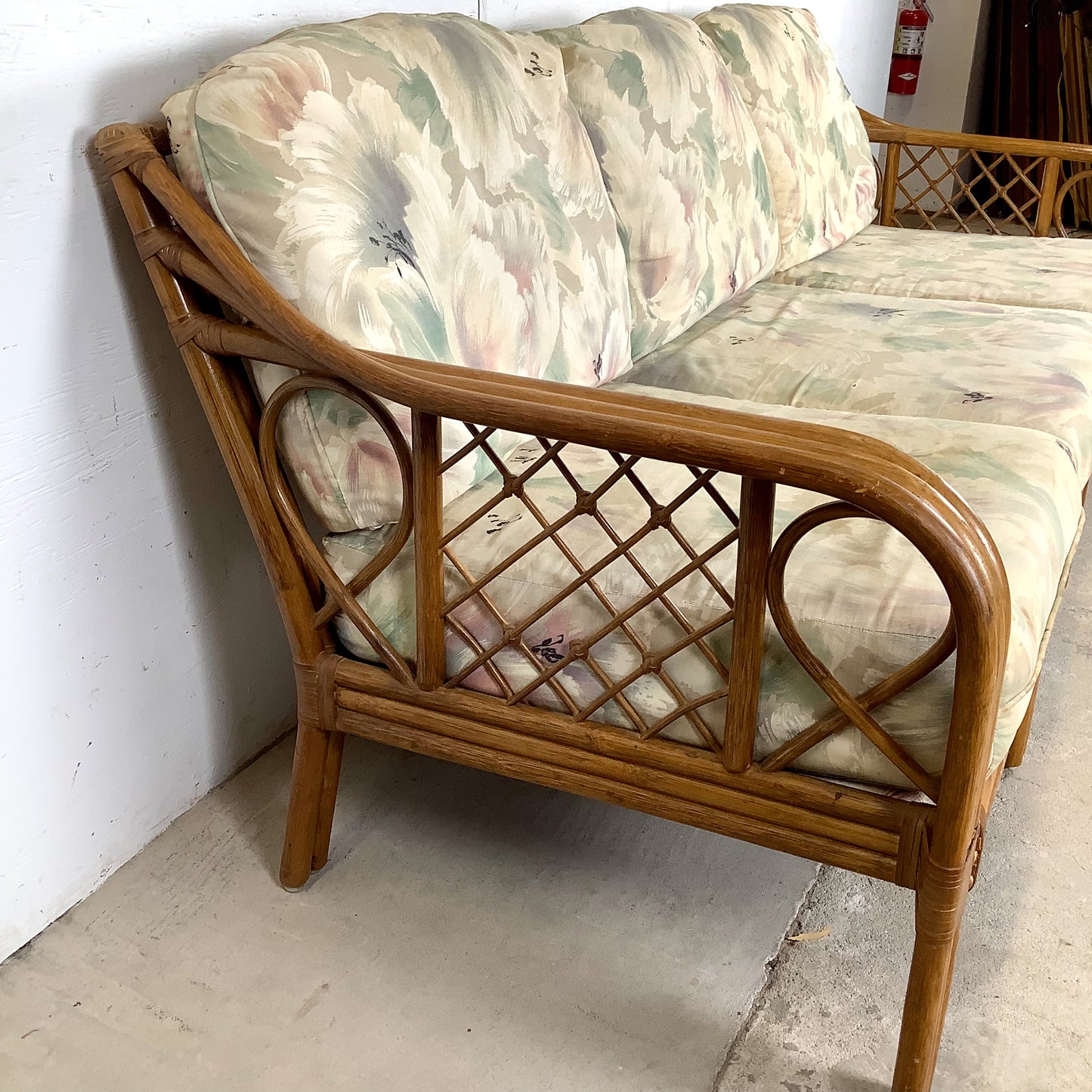Vintage Rattan Three-Seat Sofa, Diamond Lattice Arms