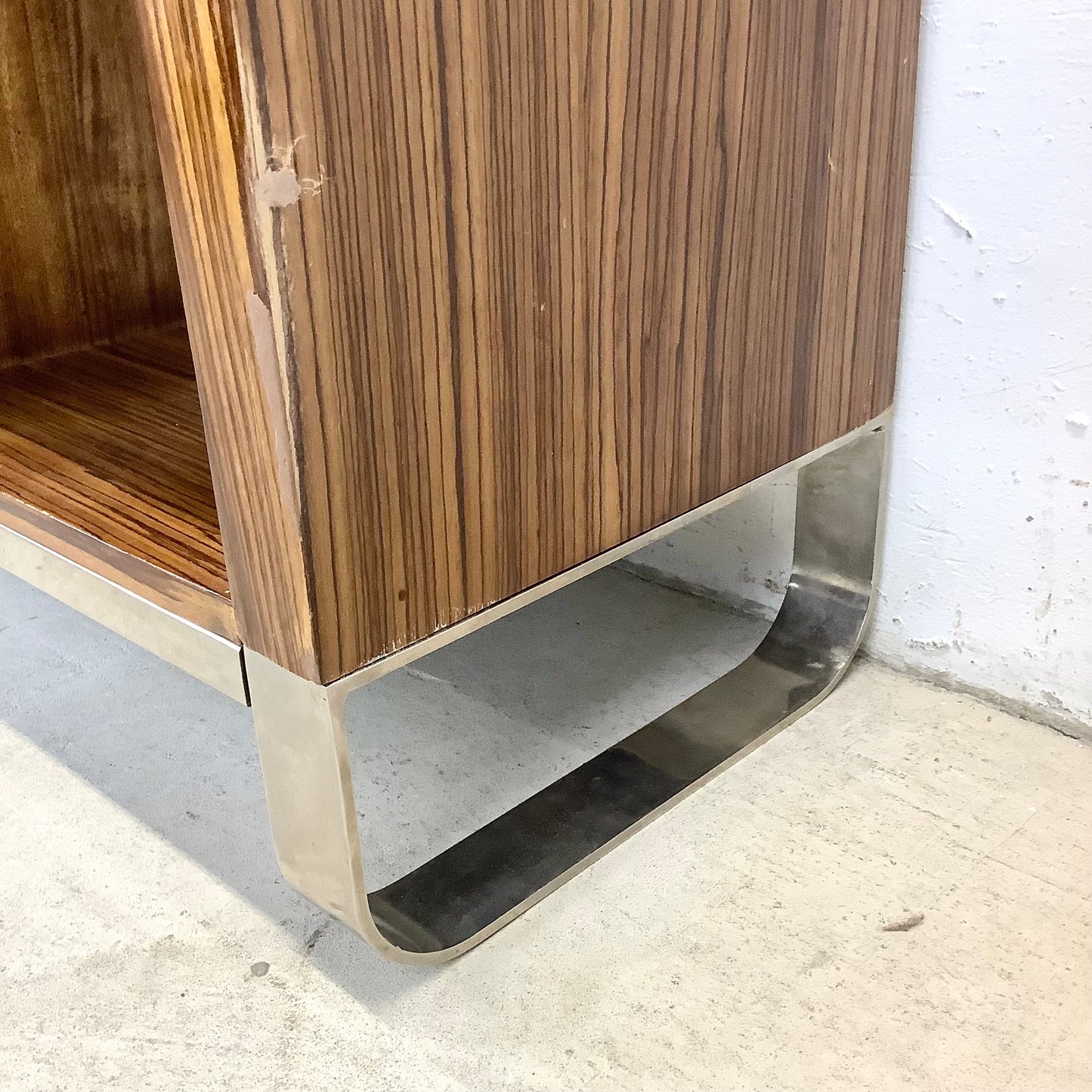 Modern Zebrawood Cube Shelf with Chrome Sled Base