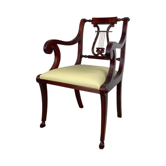 Elegant Vintage Lyre-Back Mahogany Accent Chair With Upholstered Seat