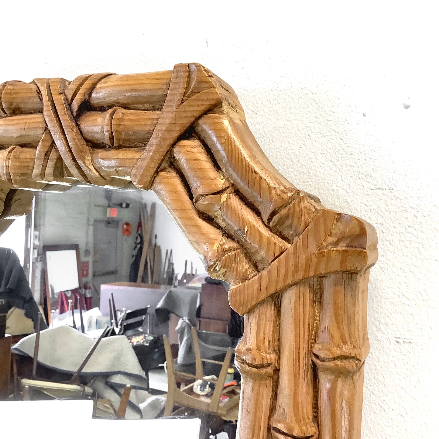 Natural Wood Faux Bamboo Mirror – 1970s Bohemian Coastal Design