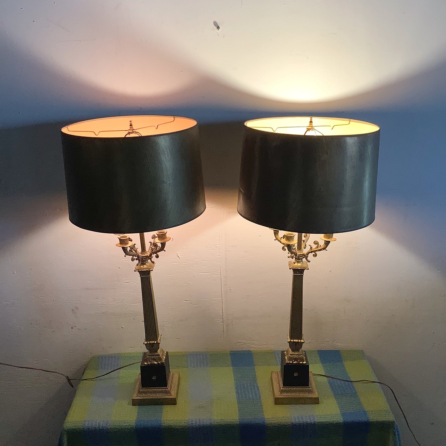 Pair of Neoclassical Brass Table Lamps with Fluted Columns and Ornate Candelabra Tops
