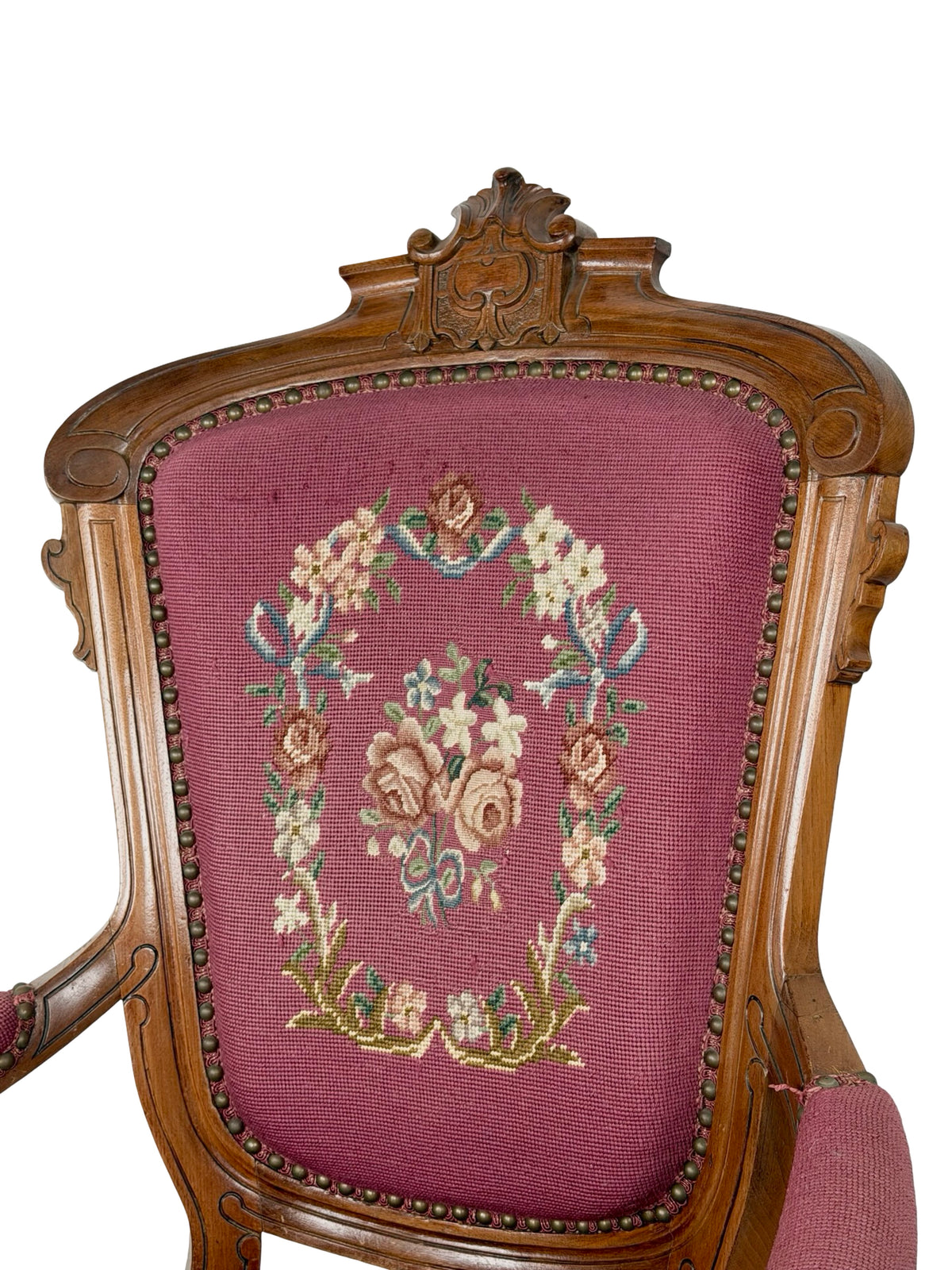 Vintage Renaissance Revival Carved Armchair with Burgundy Floral Upholstery