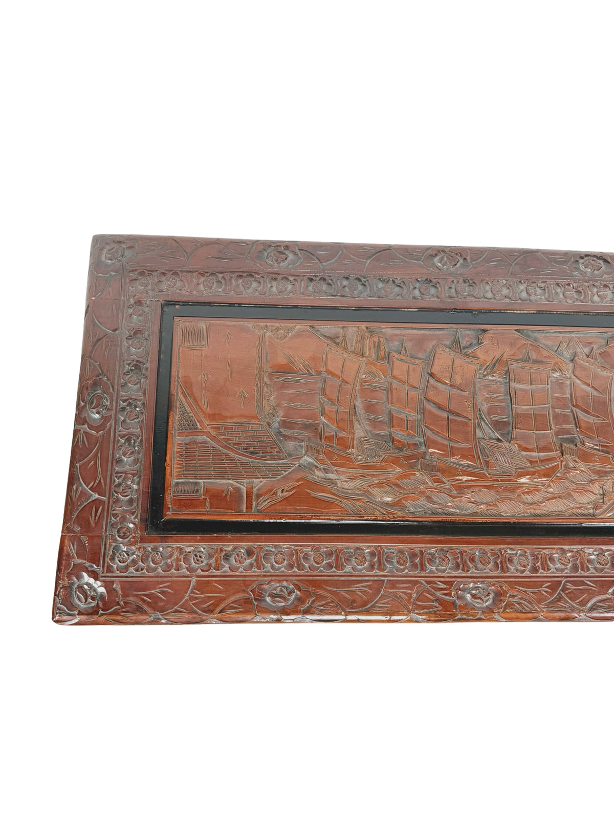 Vintage Asian Carved Wood Storage Chest with Figural Relief Carvings