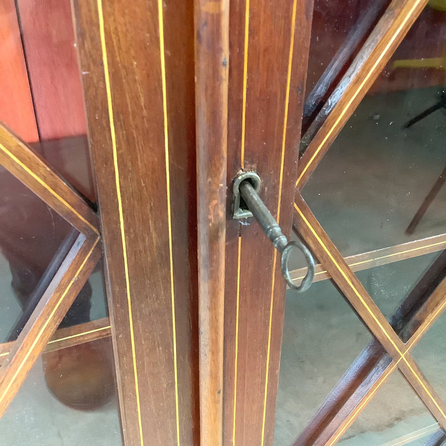 Edwardian Revival Mahogany Diamond Lattice Glazed Bookcase | Satinwood Inlay | Brass Casters