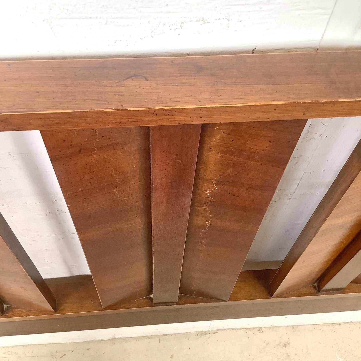 Vintage Mid-Century Modern Walnut Queen Headboard with Architectural Vertical Slat Design