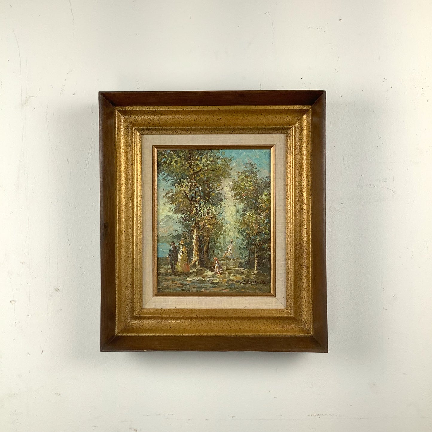 European Impressionist Revival Oil Painting with Figures, Signed and Framed