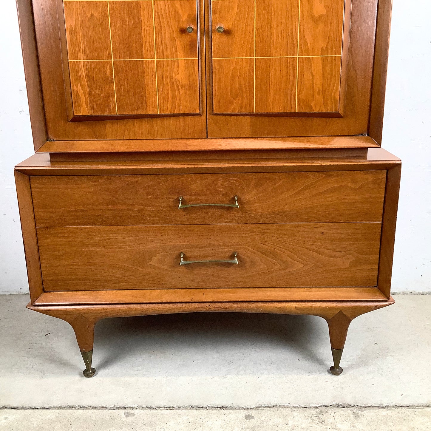 Mid-Century Walnut Highboy With Brass Pulls and Interior Drawers