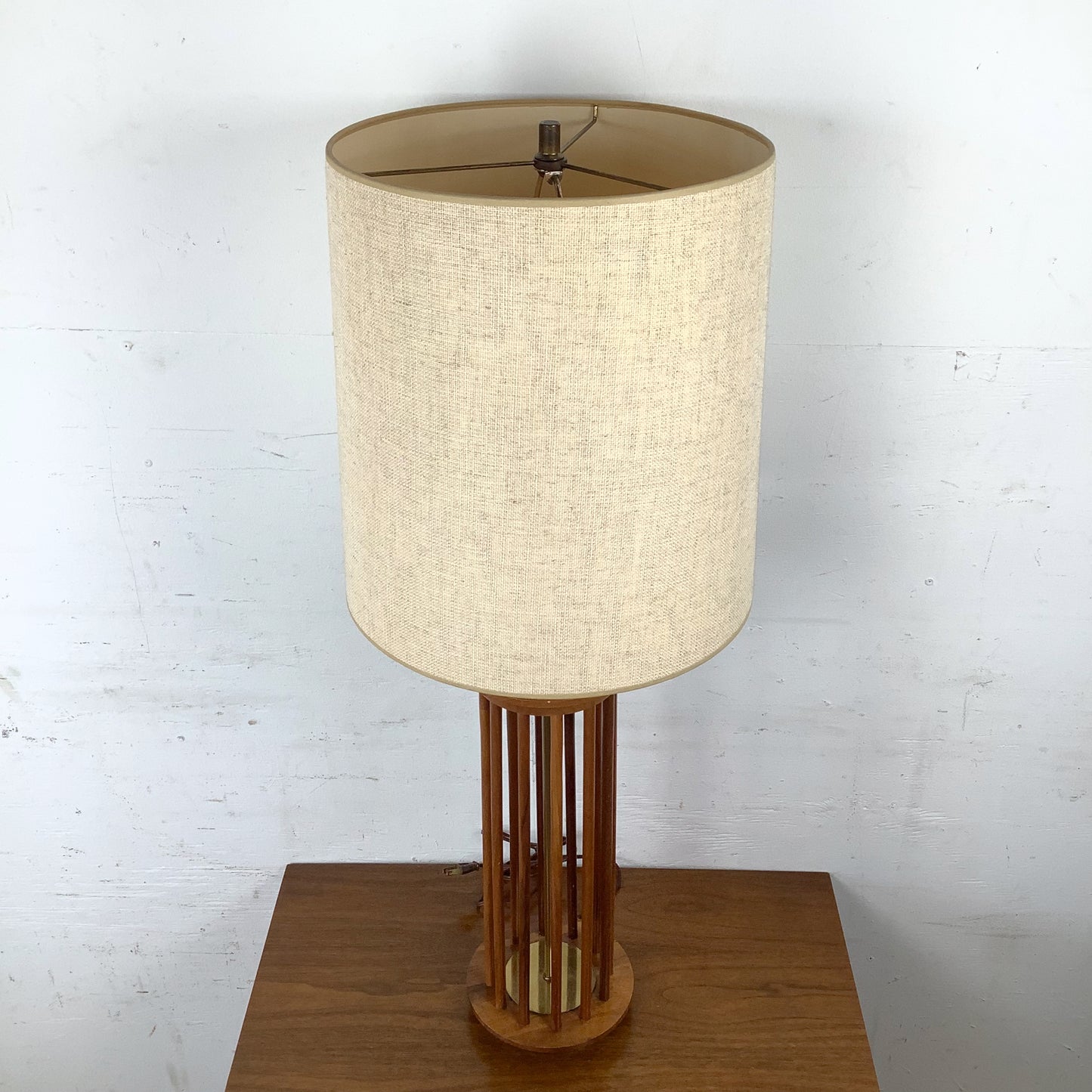 Vintage Mid-Century Walnut Dowel Table Lamp with Linen Drum Shade
