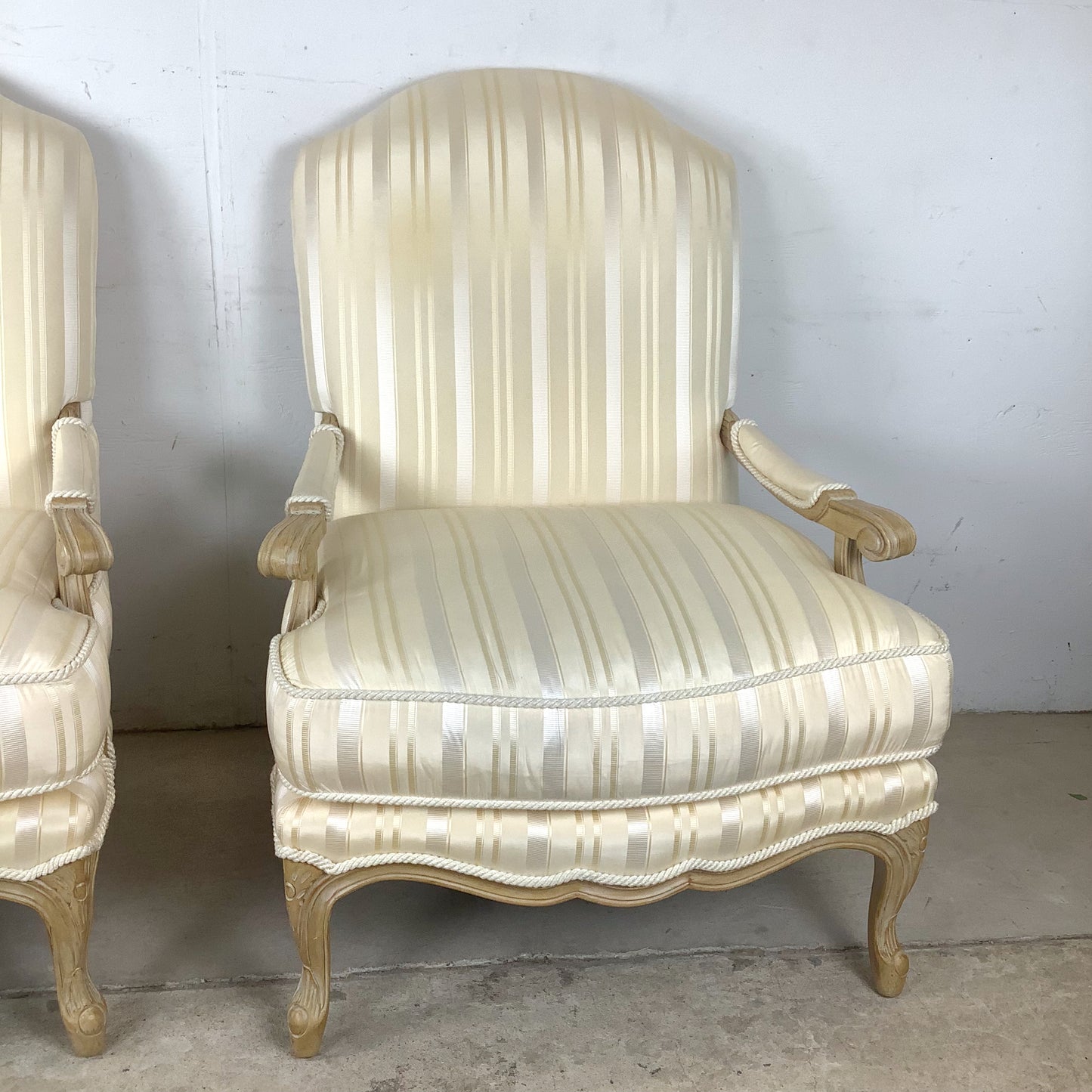 Vintage Pair of Louis XV–Style Bergère Chairs with Curved Frames