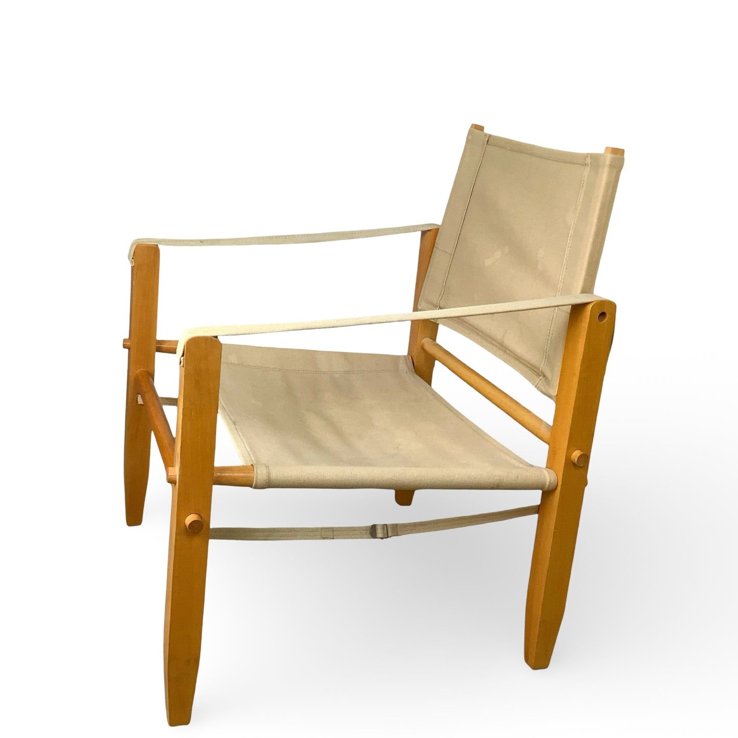 Vintage Scandinavian Style Safari Campaign Lounge Chair with Natural Canvas Sling