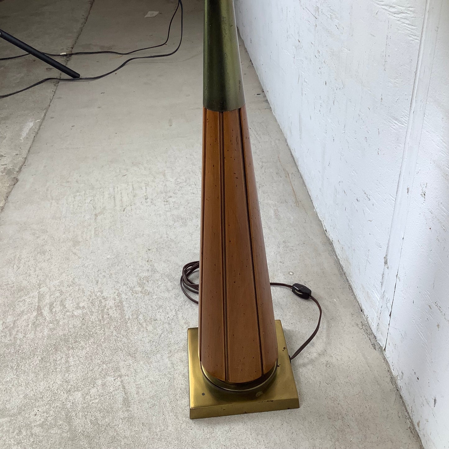 Vintage Mid Century Modern Walnut and Brass Table Lamp with Large Drum Shade