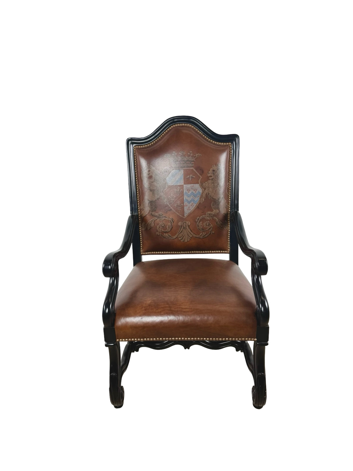 Ferguson Copeland Carved Wood & Leather Crest Armchair