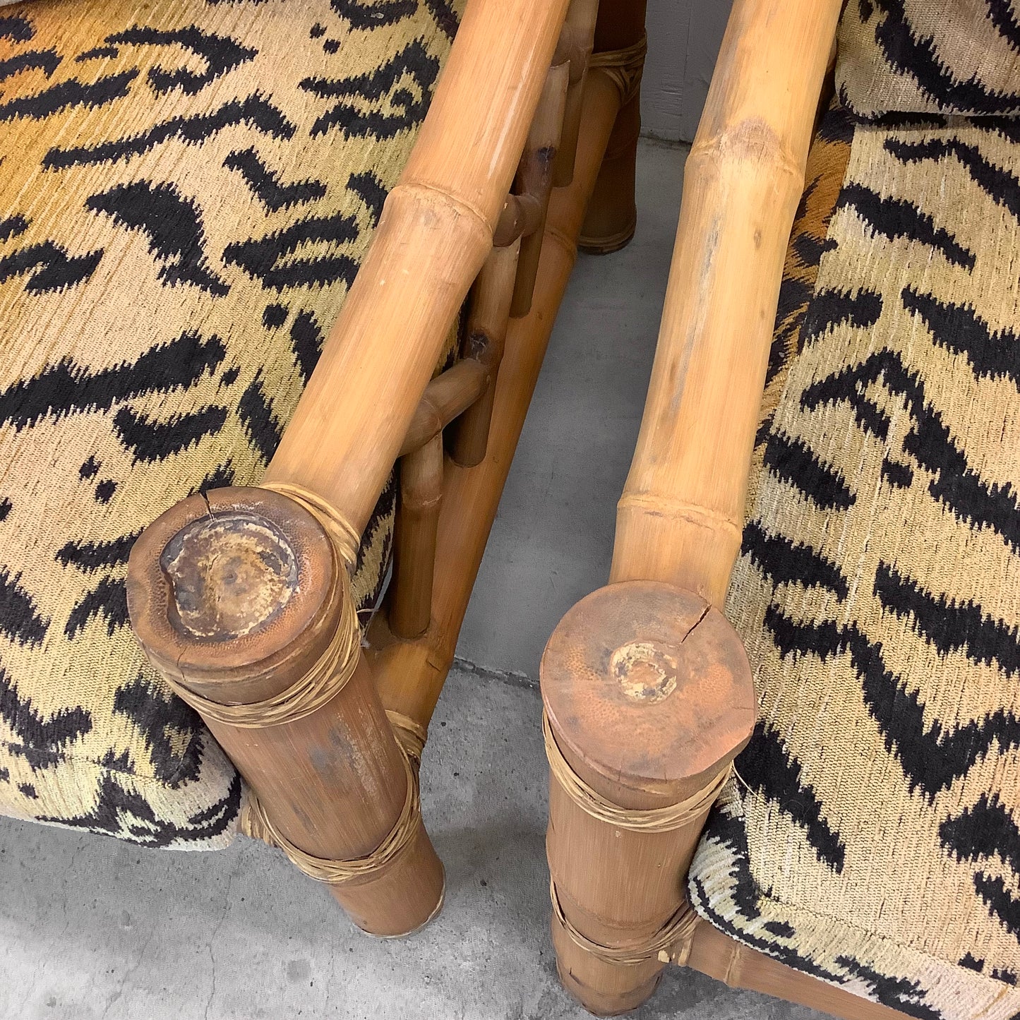 Vintage Bamboo Armchairs & Ottoman in Tiger Print
