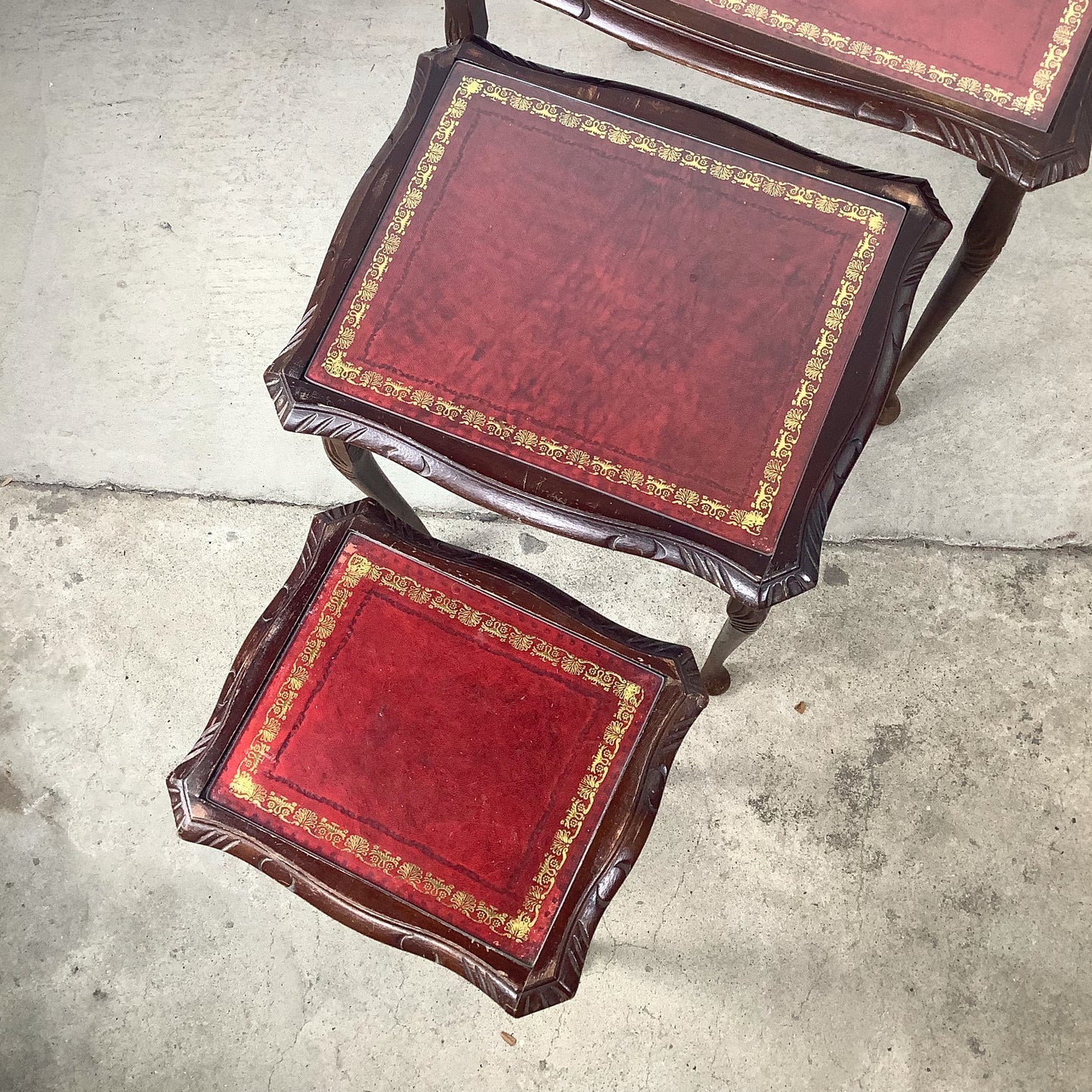 Vintage Queen Anne Style Nesting Tables with Tooled Leather Tops – Set of Three