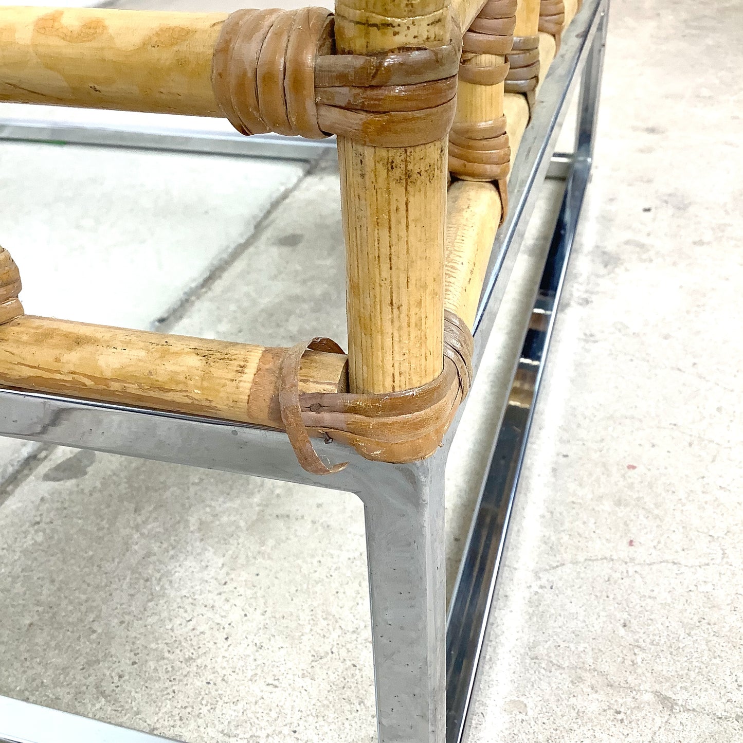 Vintage Hollywood Regency Bamboo, Chrome, and Glass Square Coffee Table