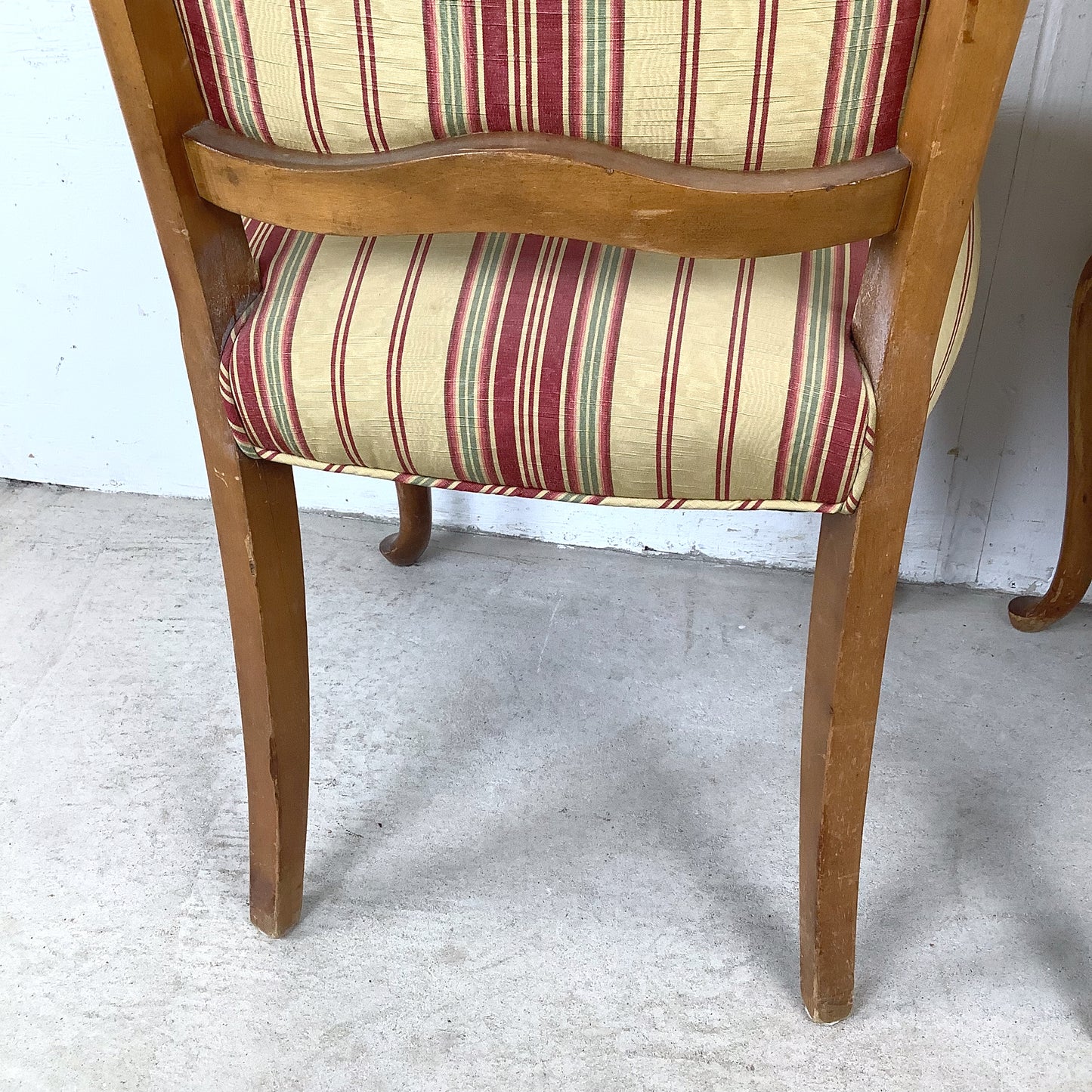 Queen Anne Dining Side Chairs — Set of Four | Walnut Cabriole Legs | Burgundy Stripe Upholstery